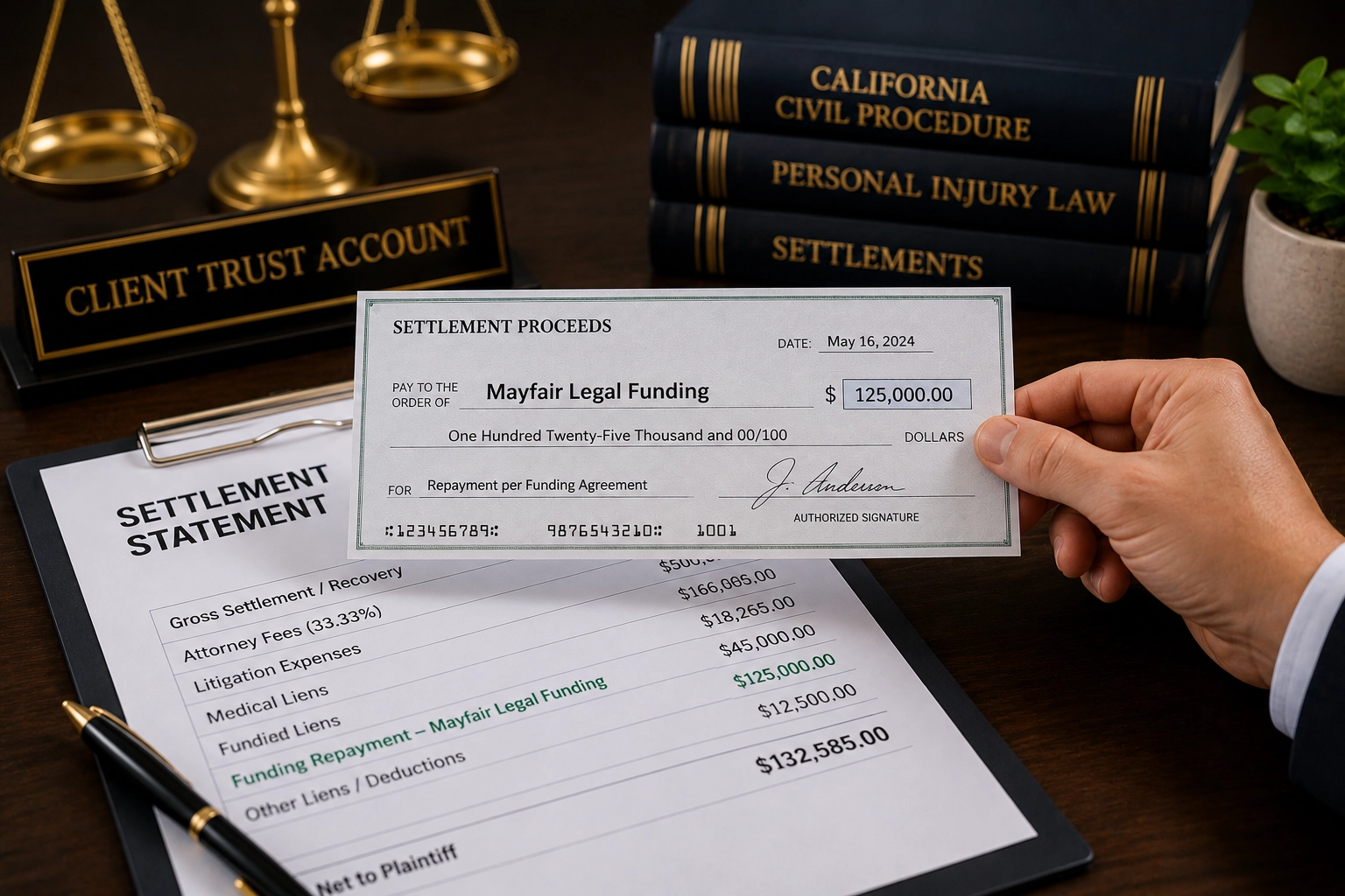 The attorney repays Mayfair after a successful recovery.