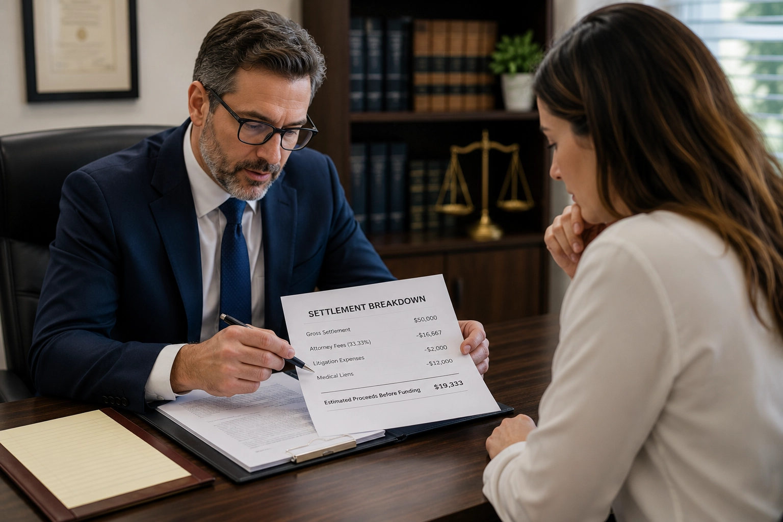 Settlement deductions affect the proceeds available before lawsuit-funding repayment.